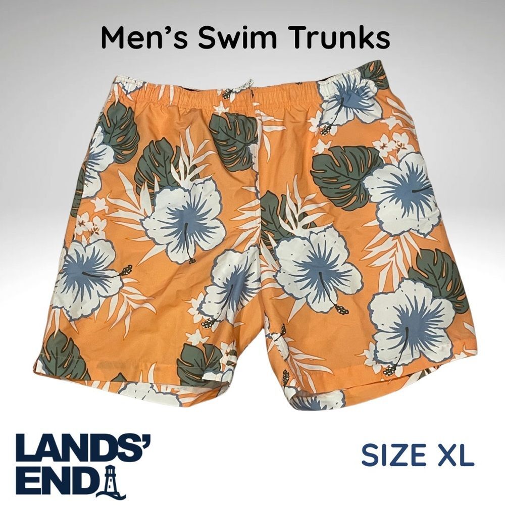 Lands' End Men's Orange and Blue Floral Swim Trunks Size XL